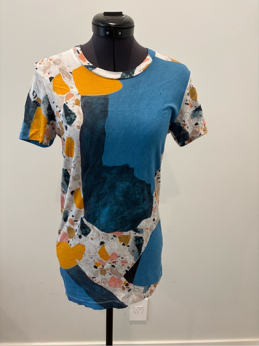 Acne Abstract Patchwork Short-Sleeve Tee in Blue & Mustard